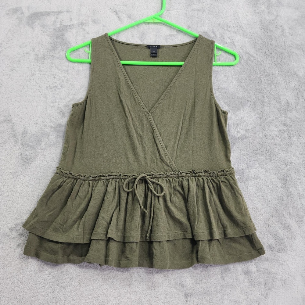 J.Crew Top Womens XXS Green Wrap V-Neck Ruffled Peplum Tie Tank Cotton Casual